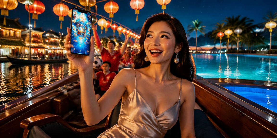Người dùng xem điều khoản khuyến mãi dưới đèn lồng Hội An
